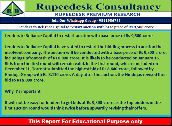 Lenders to Reliance Capital to restart auction with base price of Rs 9,500 crore - Rupeedesk Reports - 11.01.2023