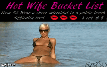 hotwife wearing a sheer microkini to a public beach