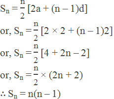 Sn = "n" /"2"  [2a + (n – 1)d] or, Sn = "n" /"2"  [2 × 2 + (n – 1)2] or, Sn = "n" /"2"  [4 + 2n – 2] or, Sn = "n" /"2"  × (2n + 2) ∴ Sn = n(n – 1)