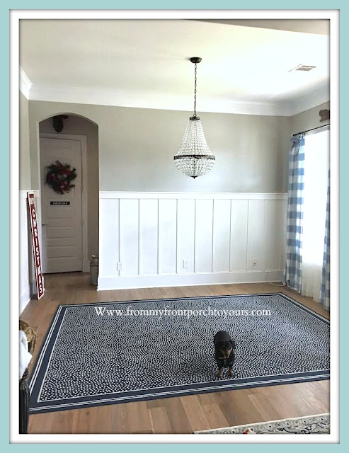 French Farmhouse-Dining Room-Ballard Designs-Indoor-Outdoor-Rug-Mia-Chandelier-Pottery-Barn-From My Front Porch To Yours-DIY-Wainscoting