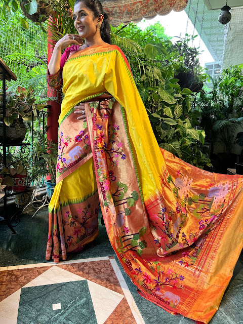 Silk paithani with brocade pallu and skirt border. A rare and gorgeous colour to find.