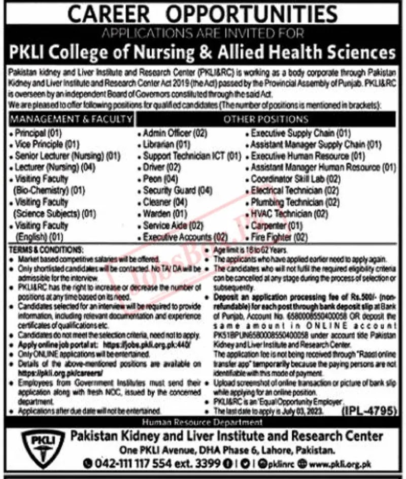 Pakistan Kidney And Liver Institute PKLI Jobs Advertisement 2023