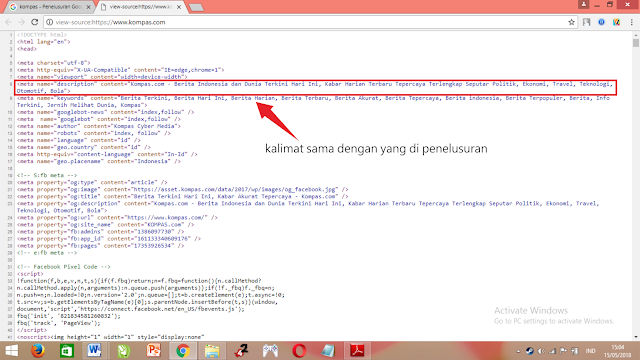 deskripsi yang dihasilkan dari halaman kompas sama persis seperti yang ada di mesin pencarian mau pun dokumen HTML nya