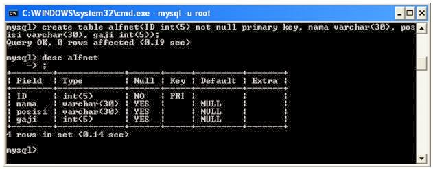 NB : create table (namatable)(id int(5) not nullprimary 