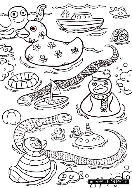 A free printable coloring page of rubber ducks in a bath / Ilmainen tulostettava värityskuva kumiankoista kylvyssä