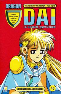 Dragon 45 - DAI. La grande avventura 45 [Lo splendore della distruzione] - Luglio 2001 | ISSN 1129-9789 | CBR 215 dpi | Mensile | Fumetti | Manga | Manga | Shounen | Avventura | Fantasy | Azione
Collana edita dalla Star Comics che ospita serie manga di gran successo, tra cui: Dragon Dai, Wing Man, Shaman King, Beelzebub... e molte altre.
Dai - La grande avventura è uno shōnen manga di genere fantasy ispirato alla celebre saga videoludica di Dragon Quest e ambientato nello stesso universo narrativo. È scritto da Riku Sanjo e Yuji Horii e illustrato da Kōji Inada, artisti appartenenti al Bird Studio, lo studio di disegnatori creato da Akira Toriyama, che ha anch'esso contribuito, seppur in minima parte, alla creazione di questo manga (soprattutto nella realizzazione dei mostri).
La serie narra le avventure di Dai, figlio del Cavaliere del Drago Baran e della principessa Soala di Arkeed, abbandonato sull'isola di Delmulin subito dopo la nascita ed allevato dal Kimendoshi Brass, un anziano mostro che lui chiama «nonno».
La tranquillità dell'isola viene sconvolta quando Dai ha all'incirca 12 anni, prima, da una banda di avventurieri che rapisce lo slime Gome; poi da un sacerdote corrotto che attenta alla vita della principessa Leona, giunta a Delmulin per una cerimonia d'iniziazione, ed infine da due scagnozzi (i lacchè) del Comandante Supremo dell'Esercito Demoniaco, Satana Hadler.
Dai ha la meglio contro tali avversità grazie a un potere misterioso espresso da un simbolo che gli appare in fronte ogni volta che in uno scontro raggiunge il culmine degli sforzi e rappresentante una testa di drago stilizzata. Subito dopo aver iniziato l'addestramento da prode guerriero sotto la guida del maestro Aban, Dai è però costretto ad assistere impotente al durissimo scontro tra il suo maestro e Hadler, dopo che quest'ultimo è riuscito a distruggere la barriera magica evocata dallo stesso Aban intorno all'isola di Delmulin - sulla quale erano rimasti ad allenarsi - per proteggerla dagli eventuali attacchi dell'Esercito Demoniaco.
Tutto sembra perduto quando Aban decide di ricorrere ad una formula segreta per sconfiggere Hadler. Egli tuttavia si immola inutilmente, nonostante poi si scopra che grazie ad un amuleto è riuscito a rimanere in vita. La rabbia di Dai esplode e in quell'occasione riesce a rispedire Hadler da dove è venuto. Dopo aver appreso che l'Esercito Demoniaco risponde direttamente agli ordini del sovrano demoniaco Satana Baan, Dai parte assieme al mago Pop anch'egli discepolo di Aban, al fine di combattere e annientare l'Esercito Demoniaco e riportare pace e libertà nel mondo. A lui si uniranno molteplici compagni: quasi dall'inizio Maam, guerriera chierica figlia di due compagni d'arme di Aban, della quale Pop s'innamora perdutamente; Crocodyne - Re degli Animali e delle Bestie feroci - inizialmente comandante del corpo d'armata demoniaco Hyakujumadan passa poi dalla parte di Dai e dei suoi principalmente per merito dello stesso Dai e di Pop, per i quali Crocodyne finisce per nutrire profonda ammirazione; Hyunkel - Signore dell'Immortalità - primo discepolo di Aban quando ancora era bambino, si ritrova tuttavia anch'egli a capo di uno dei sei corpi d'armata demoniaco, il Fushikidan, ed è effettivamente l'unico essere umano che l'Esercito di Baan possa vantare tra le sue schiere. Anche lui però finisce per abbracciare la causa dei prodi di Dai e il merito stavolta va a Dai e Maam; in particolare si dà a intendere almeno all'inizio che tra quest'ultima e Hyunkel stia nascendo qualcosa. Leona la Principessa, in grado di compiere formidabili magie divine curative e di purificazione; anche tra lei e Dai sembra vi sia un forte legame. Chiu, topo-karateka dalle scarse qualità offensive ma dal grande coraggio; Baran, Cavaliere del Drago e padre di Dai, prima temibile (se non terribile) comandante del corpo d'armata demoniaco dei draghi Choryugundan si converte poi alla causa del figlio  e molti altri.