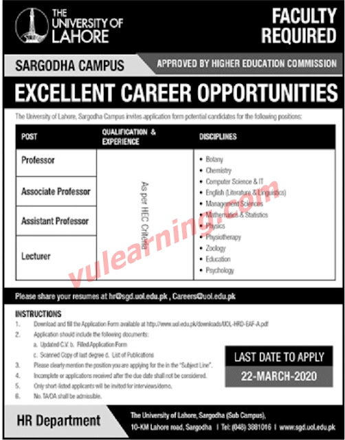 Jobs in The University of Lahore (UOL) Sargodha Campus Jobs 2020 Jobs in Pakistan 