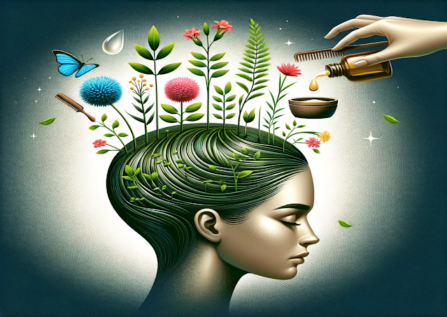 An illustration depicting a person's head formed by lush greenery and plant life, with a hand pouring oil onto hair represented by branches, symbolizing the integration of natural ingredients and holistic methods for promoting advanced hair regrowth and nourishing scalp health.