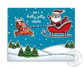 Sunny Studio: Holly Jolly Santa with Sleigh & Reindeer Holiday Christmas Card (using Santa Claus Lane & Scenic Route Stamps)
