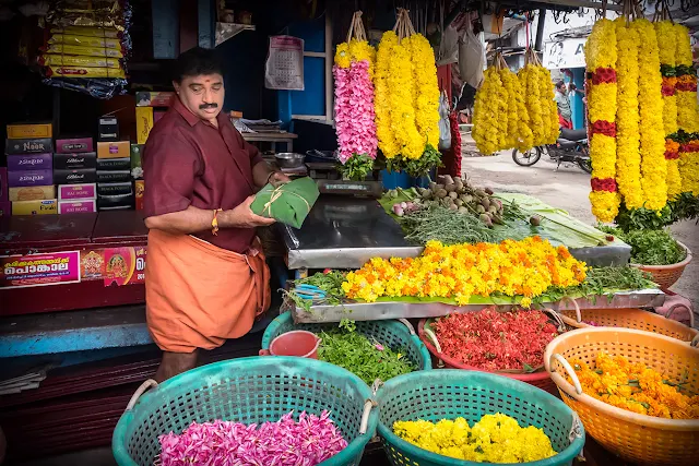 Indian flower stall in Chalai Bazaar, Trivandrum, Kerala, india