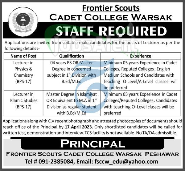 Cadet College Warsak Peshawar Jobs 2023 For Lecturer