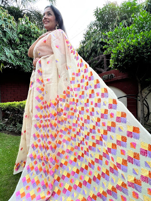 Hand embroidered Phulkari saree. Unique colours brilliantly put together