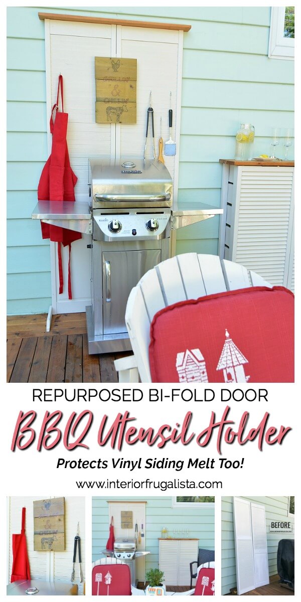 How to hide unsightly outdoor house vents with repurposed wooden louvered bifold doors into a DIY outdoor bar table plus BBQ grilling utensil holder. #repurposedbifolddoor #repurposedlouvereddoor #BBQutensilholder