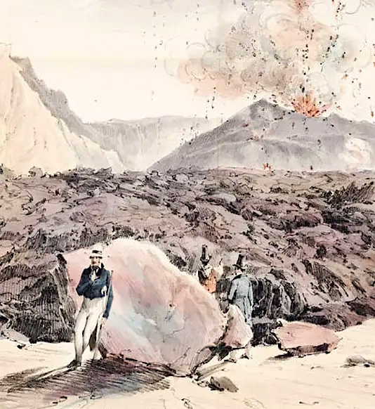 JOHN AULDJO ( 1805-1886) Le Vésuve (1,281 mètres actuellment) Italie   In " Auldjo in the white pants, leaning on a rock and contemplating a spewing lava dome ", watercolor,  Linda Hall Library