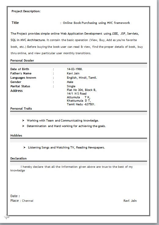 Sample Resume Format For Freshers Mca