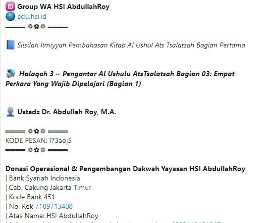 Halaqah 3 ~ Pengantar Al Ushulu AtsTsalatsah Bagian 03: Empat Perkara Yang Wajib Dipelajari Bagian 1