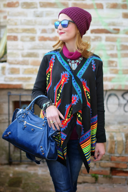 aztec print colorful cardigan, Oakley mirror sunglasses, Balenciaga City, Fashion and Cookies, fashion blogger