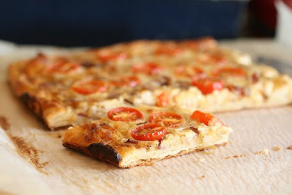 Smoked Bacon, Onion and Cheese Tart with Cherry Tomatoes