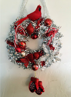 Hand Made Silver and Red Christmas Wreath made with vintage and new pieces