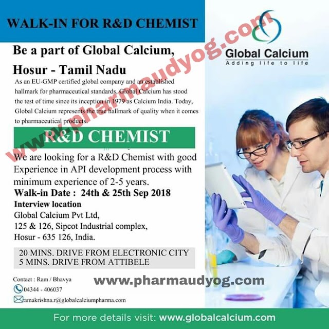 Global Calcium | Walk-In for R&D Chemist | 24th & 25th September 2018 | Hosur, Tamil Nadu