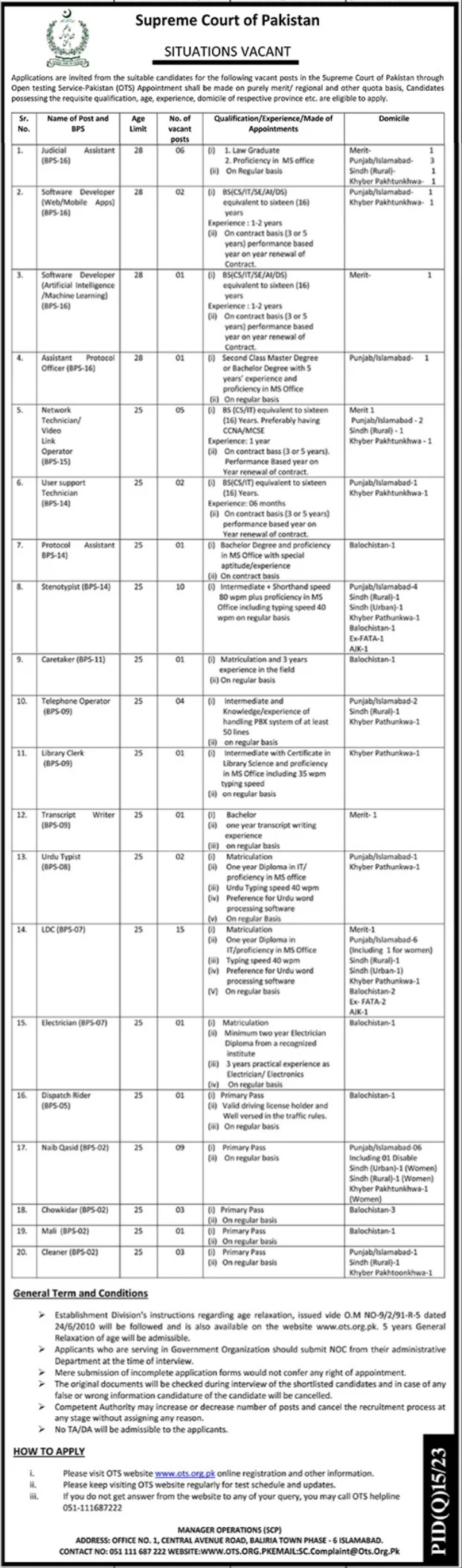 Supreme Court of Pakistan Management Jobs in Islamabad