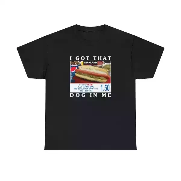 a black t-shirt with Costco hot dog menu on it