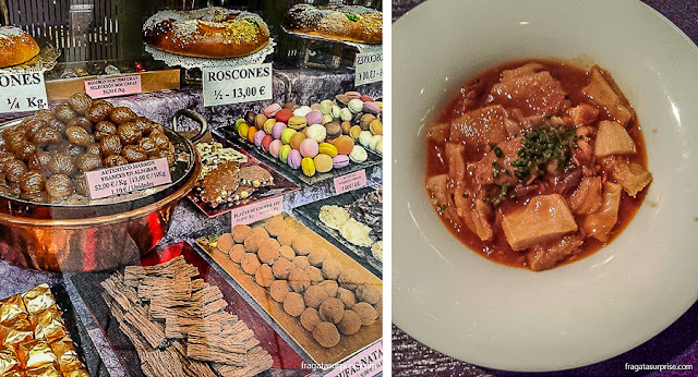 Callos a la madrileña, prato típico de Madri, e doces da confeitaria La Mallorquina