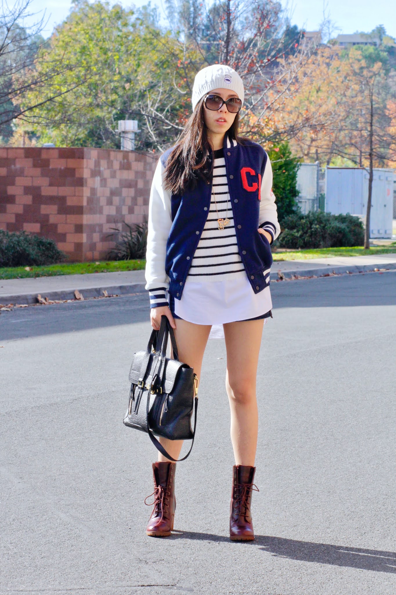 Women's Varsity Jacket and Denim Shorts with Timberland Boots Ideas_Adrienne Nguyen
