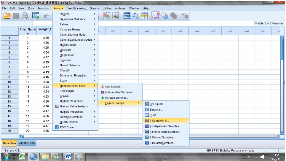 Fig. I.5: Checking for normality using the  Kolmogorov-Smirnov test (SPSS 20 Data Editor) that is a non-parametric test