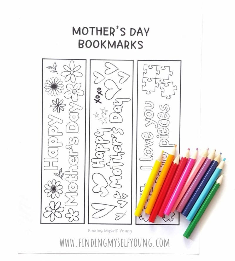 Mothers Day bookmarks template and colouring pencils.