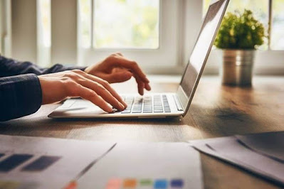 Online marketing work station with a computer, work sheets and potted plant.