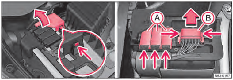 The battery: Open the positive terminal cover/fuse cover