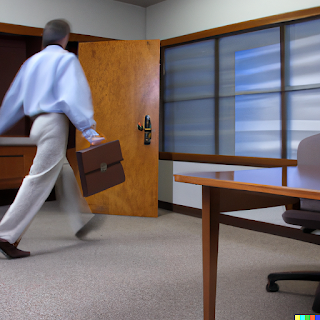 a man walking out of an office leaving a clear desk behind