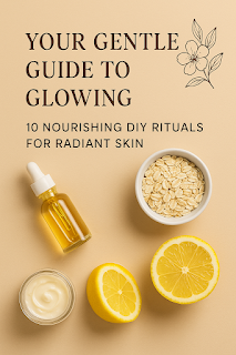 <img src="diy-glow-rituals.jpg" alt="Young woman with glowing skin applying a natural face mask in a cozy bathroom, surrounded by DIY skincare items like rose water, aloe vera, turmeric, and essential oils—representing gentle rituals for radiant skin." />