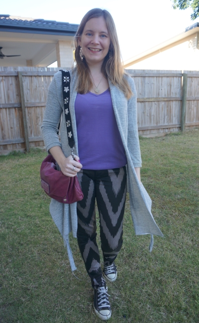 Sass Bide printed skinny jeans with grey cardigan lilac tee and magenta marc by marc jacobs bag | awayfromblue