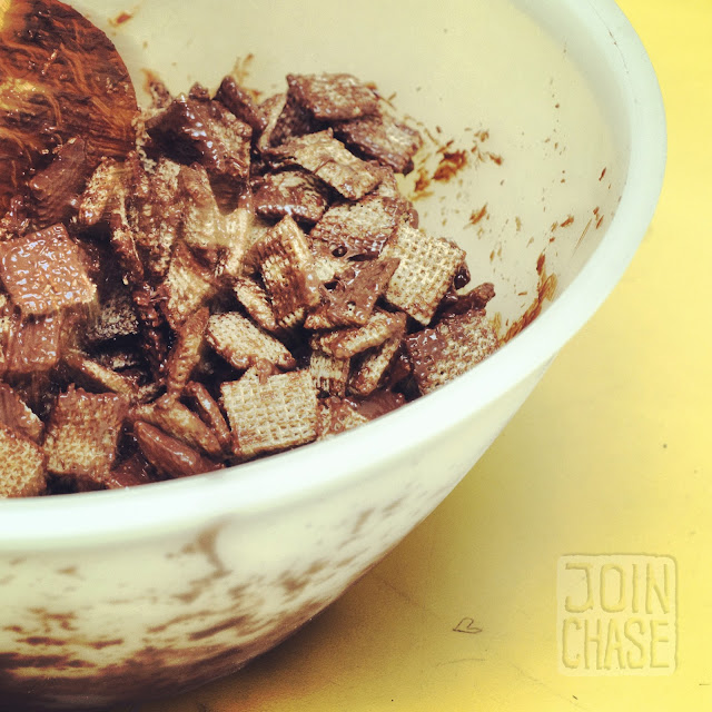 Mixing cereal and chocolate together to make Puppy Chow in Ochang, South Korea.