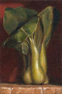 Oil painting of a bok choy bunch standing upright.