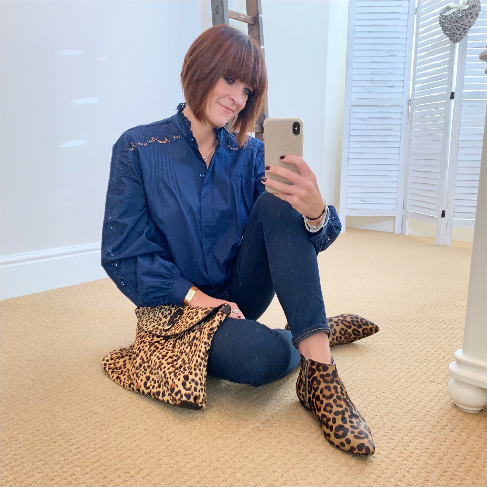 my midlife fashion, h and m embroidered blouse, j crew 8 inch toothpick jeans, boden leopard print ankle boots, zara leopard print bag