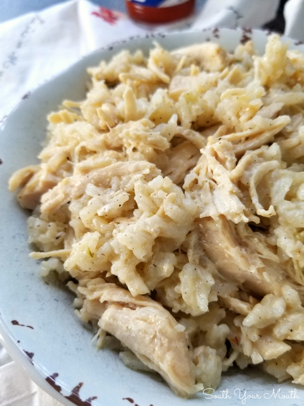 Southern Style Crock Pot Chicken & Rice! An easy slow cooker recipe for a Carolina favorite made with tender stewed chicken and long grain rice. No precooking the chicken and no instant rice – everything cooks in the crock pot!