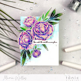 #tonicstudios, #tonicstudiosusa, #tonicstudiosgardenparty, #cardbomb, #mariawillis, #nuvo, #nuvoaquaflowpens, #nuvoshimmerpowder, #cards, #stamp, #ink, #paper, #papercraft, #handmade, #handmadecards, #art, #diy, #color, #watercolor, #pencils, #peonybloom, #celebratesentiments