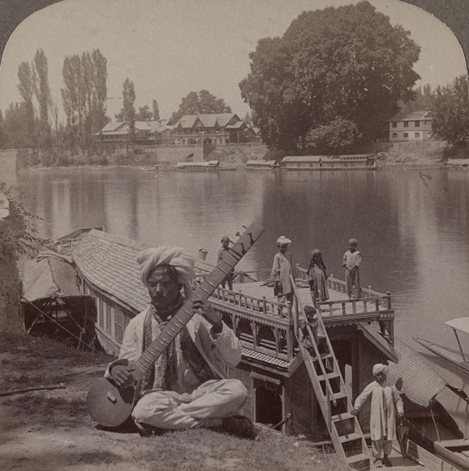 Sitar Player at Houseboat Music Party on Jhelum River, Jammu & Kashmir, India | Rare & Old Vintage Photos (1903)