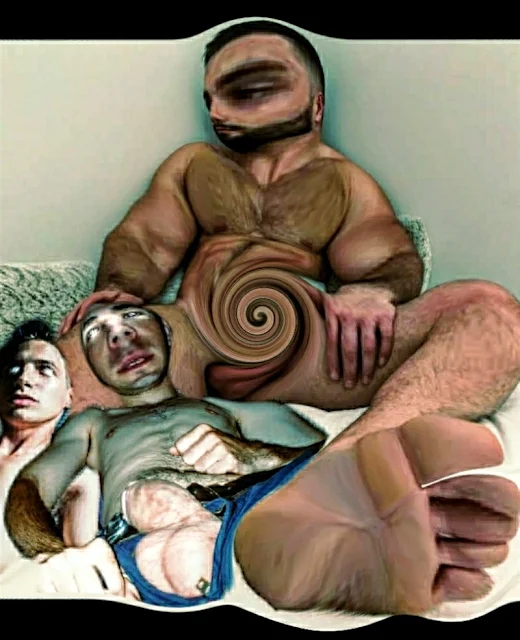 PPPimp created by Oregonleatherboy a digital art of muscular naked man with two mind controlled mindless guys with empty eyes at his feet being controlled by Master with spiral 4/5