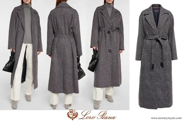 Princess Charlene of Monaco wore LORO PIANA Henrik belted cashmere coat in gray