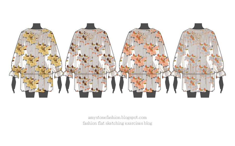 Summer Floral Semi sheer Blouse Flat Sketches