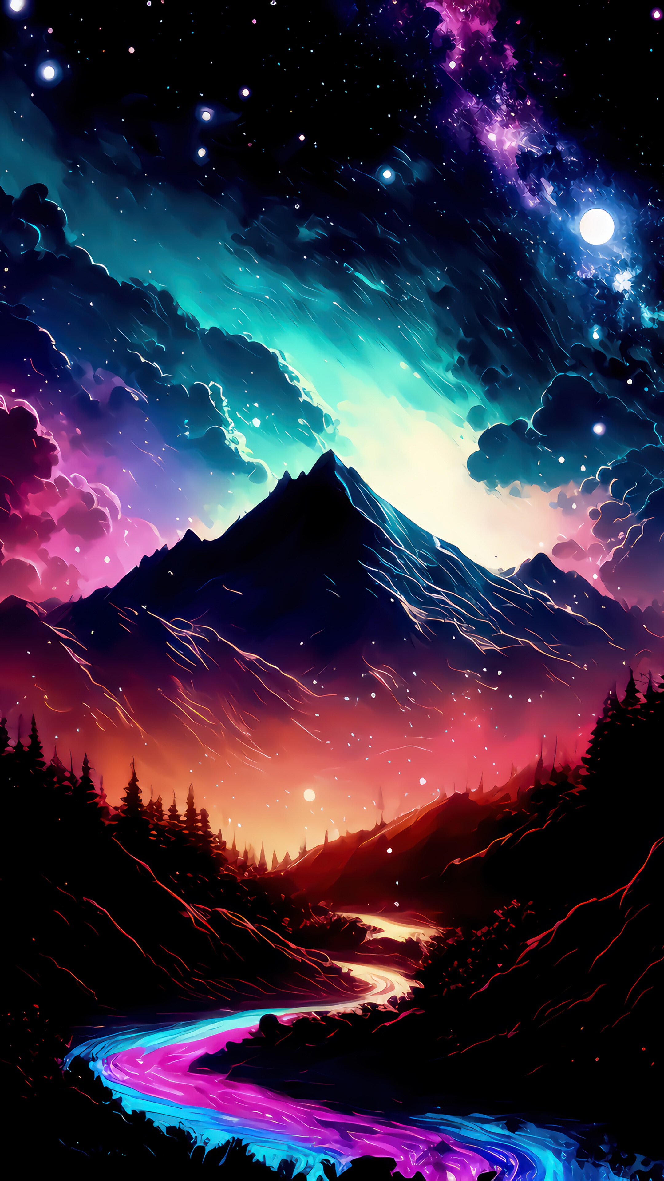 Night Sky Colorful Beautiful Clouds Mountain Valley Art 4K Android Mobile Phone