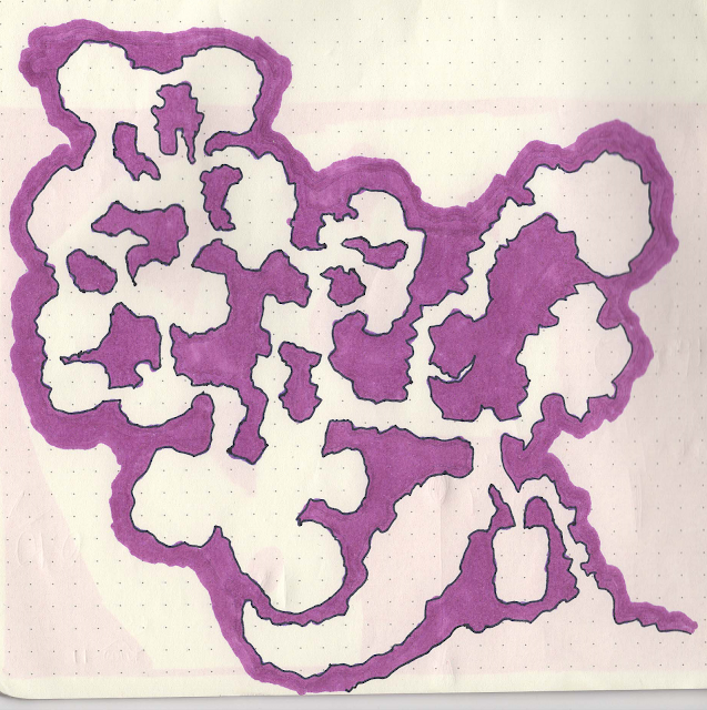 A basic cave map in black ink on off-white dot matrix paper. The dot matrix is arrnged in a grid. Instea of hatching, the "solid" areas are shaded with purple sharpie. The cave only has one way in but has tonnes of jacayed loops.