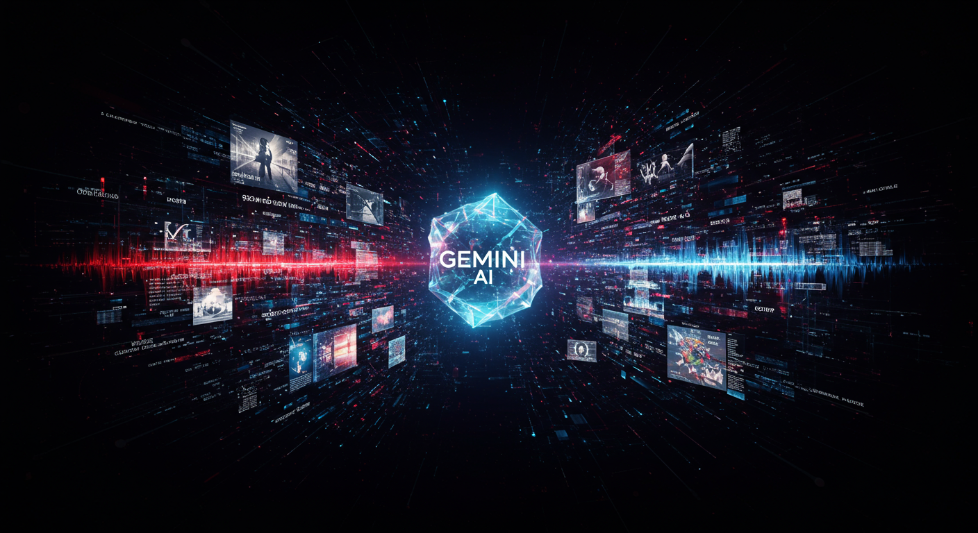 An abstract representation of Gemini AI processing multimodal data, including text, images, and code.