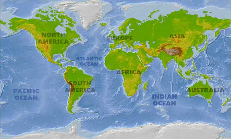 World Physical Map Showing Continents And Oceans