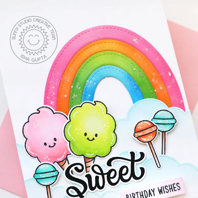 Sunny Studio Stamps: Stitched Oval Dies Slimline Dies Candy Shoppe Birthday Card by Isha Gupta