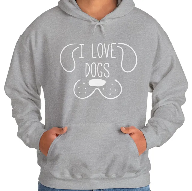 A Unisex Heavy Blend Hoodie With Dog Ears, Muzzle, I Love Dogs Text, illustration